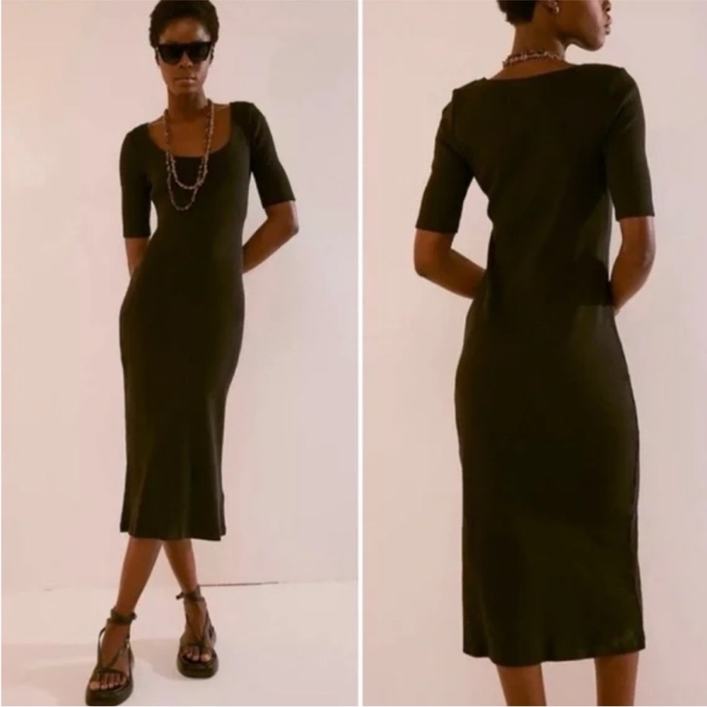 FP Beach Free People Avery Midi Dress Classic Black Scoop Neck Sz M Cotton
